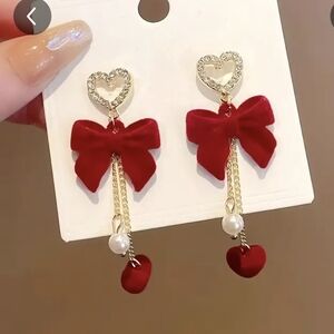 Elegant Red Bow Heart Earrings